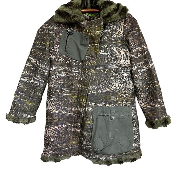 CUSTO Growing Sheep army green print faux fur lining trench coat 8 - Picture 1 of 14